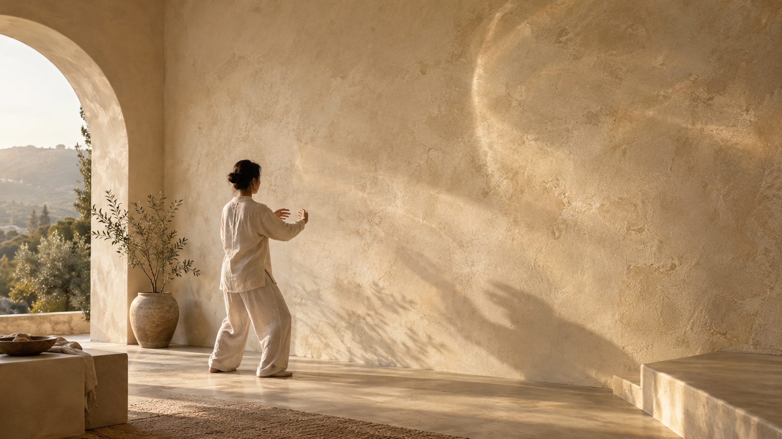 A person practicing Qigong beside a sunlit lime plaster wall with a soft circle of reflected light.